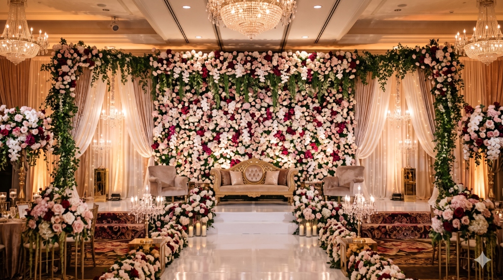 Luxurious wedding floral mandap styled with fresh roses and orchids